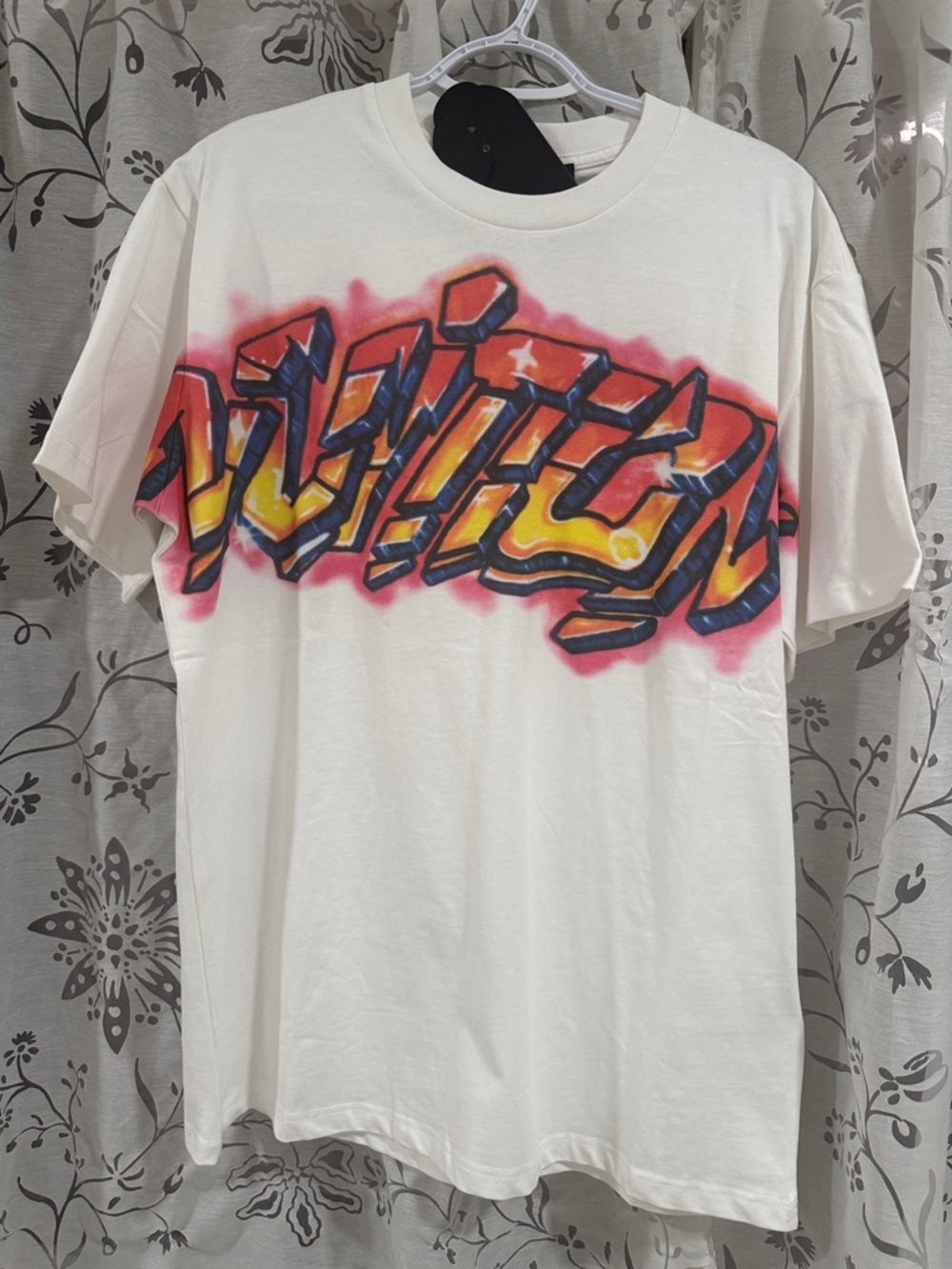 White Graphic Crewneck T-Shirt with Yellow & Blue Graffiti Print Louis Vuitton